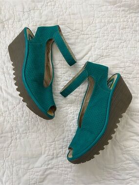 FLY London Teal Perforated Suede Peep-Toe Wedge Sandals